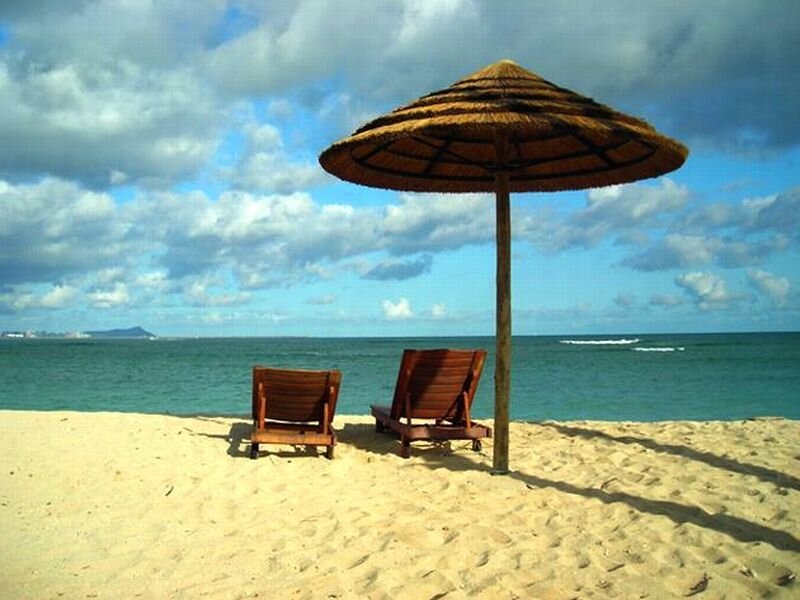 Beach Chairs under Umbrella — Blue, Serene, Afternoon, Photograph, Ocean, Sky