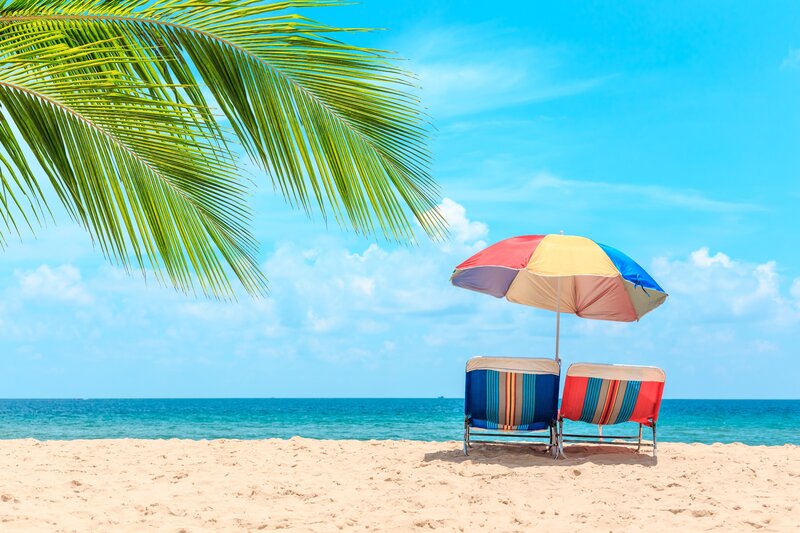 Beach Chairs under Umbrella — Blue, Serene, Afternoon, Photograph, Palm Frond
