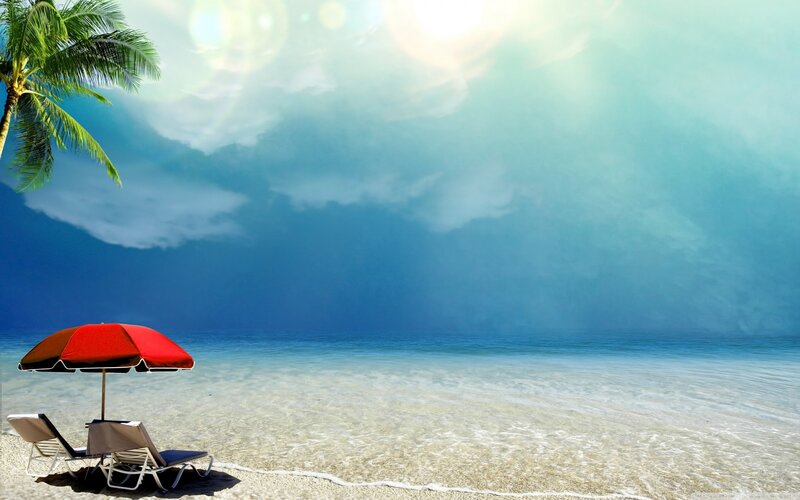 Beach Chairs under Umbrella — Blue, Serene, Afternoon, Photograph, Palm Tree, Ocean, Sky