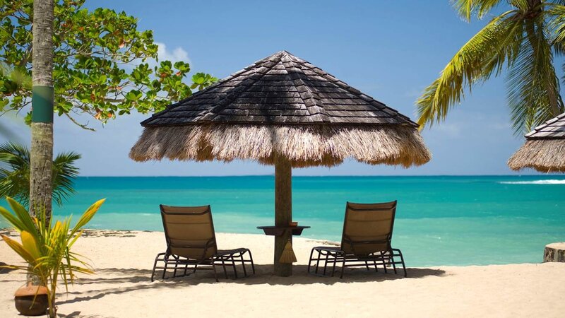 Beach Chairs under Umbrella — Blue, Serene, Afternoon, Photograph, Palm Trees