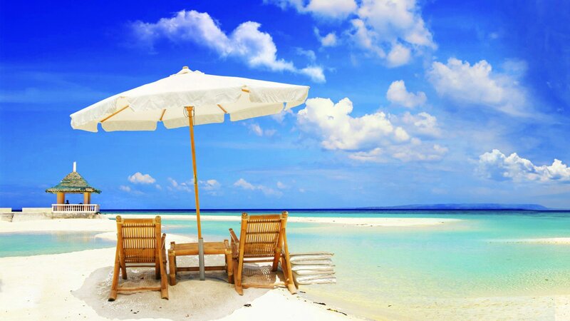 Beach Chairs under Umbrella — Blue, Serene, Afternoon, Photograph, Pavilion