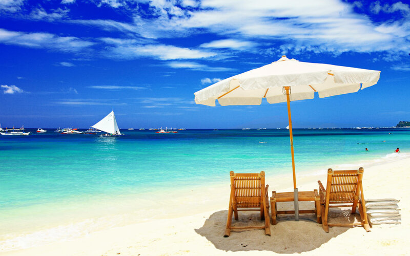 Beach Chairs under Umbrella — Blue, Serene, Afternoon, Photograph, Sailboat