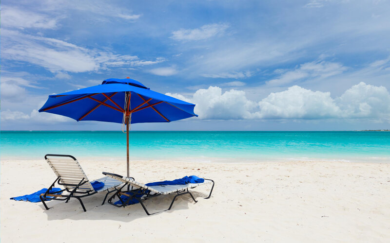 Beach Chairs under Umbrella — Blue, Serene, Afternoon, Photograph, Towel