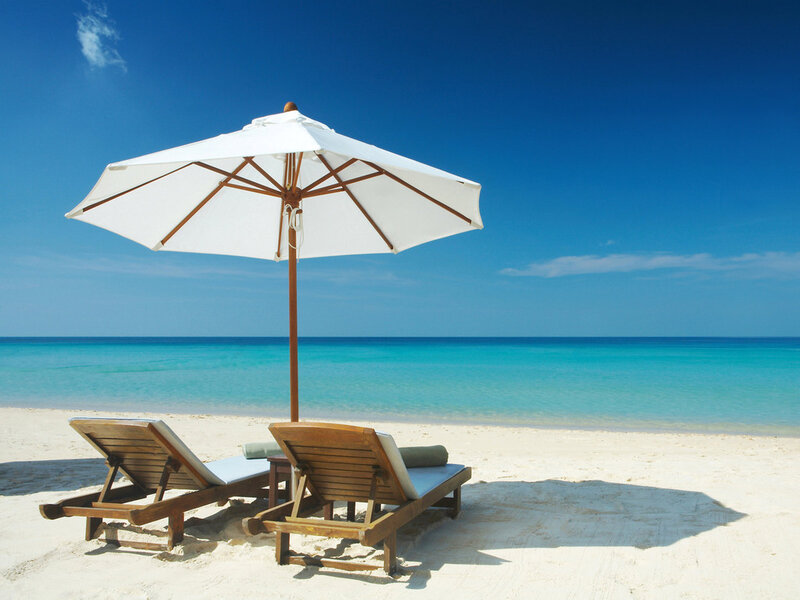 Beach Chairs under Umbrella — Blue, Serene, Afternoon