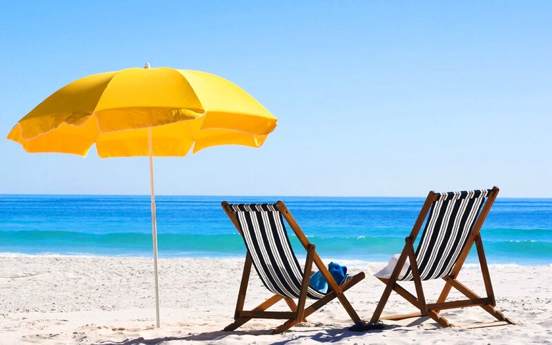 Beach Chairs under Umbrella — Yellow, Serene, Afternoon, Photograph, Ocean