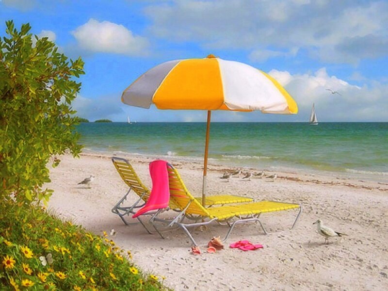 Beach Chairs under Umbrella — Yellow, Serene, Afternoon, Photograph, Sailboat