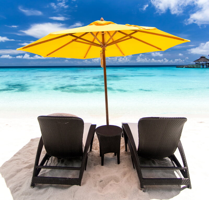Beach Chairs under Umbrella — Yellow, Serene, Afternoon