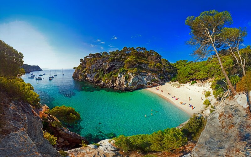 Beach Cove with Boats — Blue, Serene