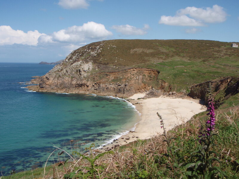 Beach Cove with Cliffs — Blue, Serene, Afternoon, Photograph, Sea, Flowers