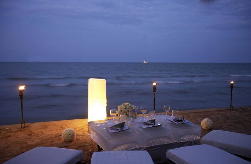 Beach Dinner Setup — Blue, Serene, Night, Photograph, Table