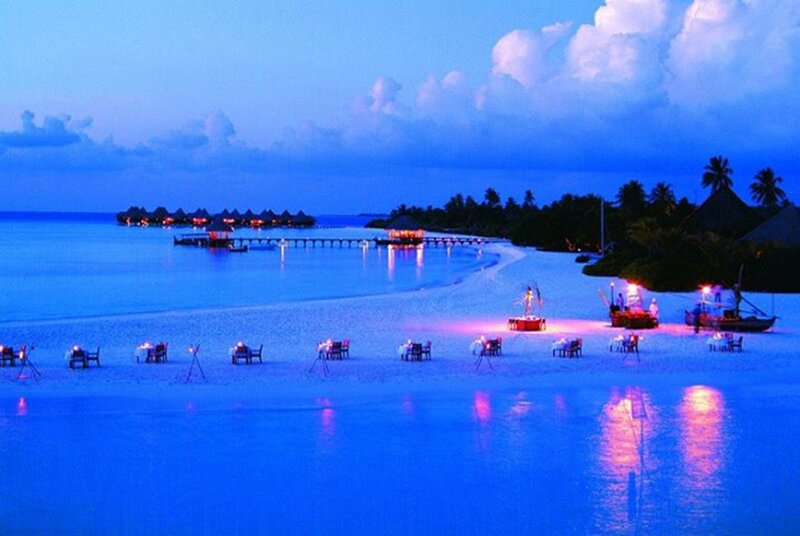 Beach Dinner Setup — Blue, Serene, Night, Photograph, Tables