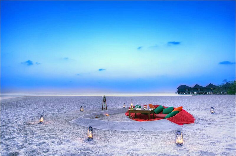 Beach Dinner Setup — Blue, Serene, Night, Photograph