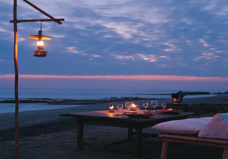 Beach Dinner Setup — Blue, Serene, Sunset, Photograph