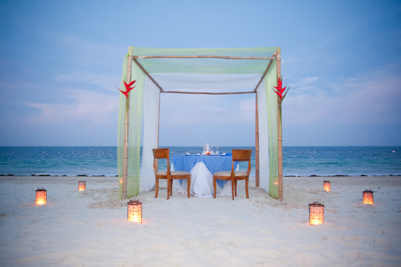 Beach Dinner Setup — Blue, Serene, Sunset