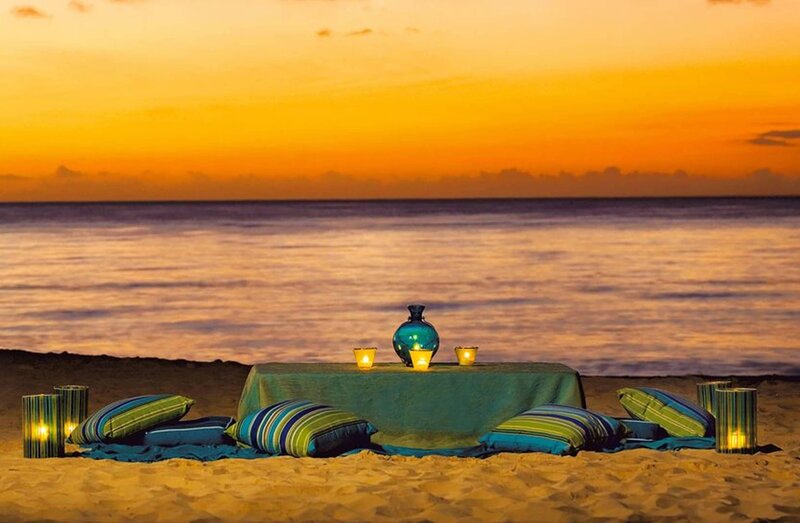 Beach Dinner Setup — Orange, Serene, Sunset, Photograph