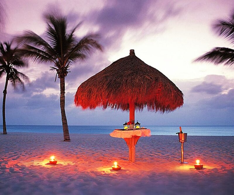 Beach Dinner Setup — Purple, Serene, Sunset
