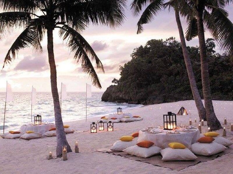 Beach Dinner Setup — White, Serene, Sunset