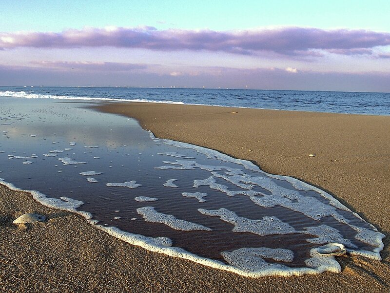 Beach foam at sunset