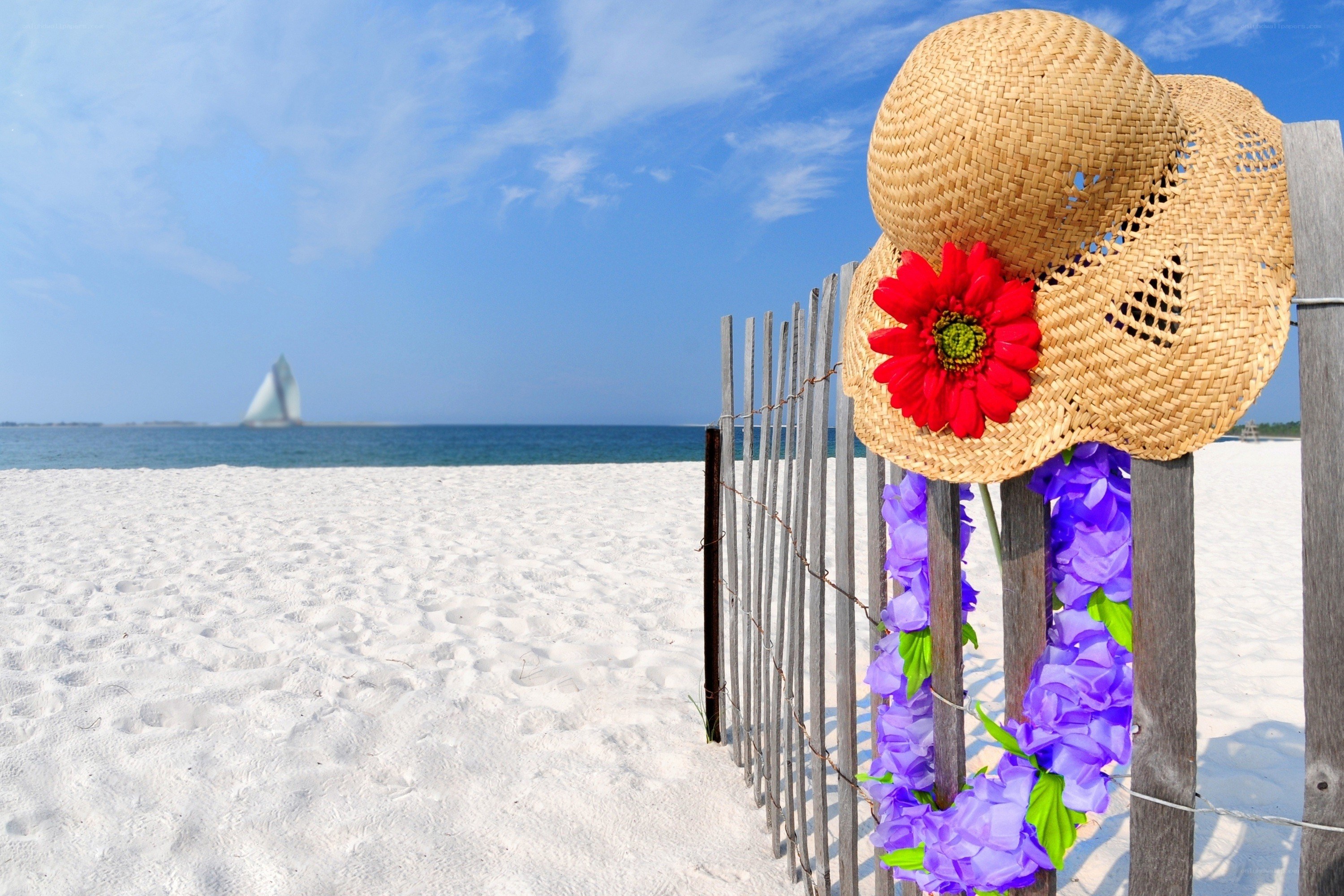 Beach hat with flower on fence