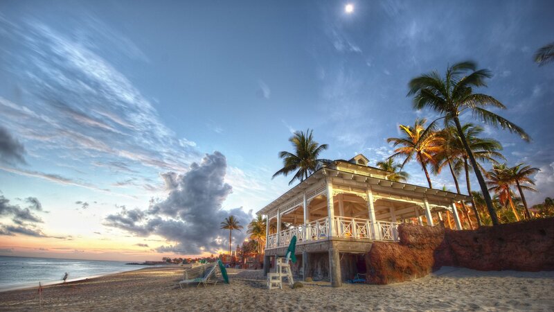 Beach House at Sunset — Blue, Serene, Photograph, Palm Trees, Ocean
