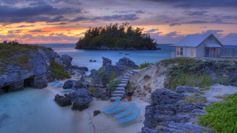 Beach House at Sunset — Blue, Serene