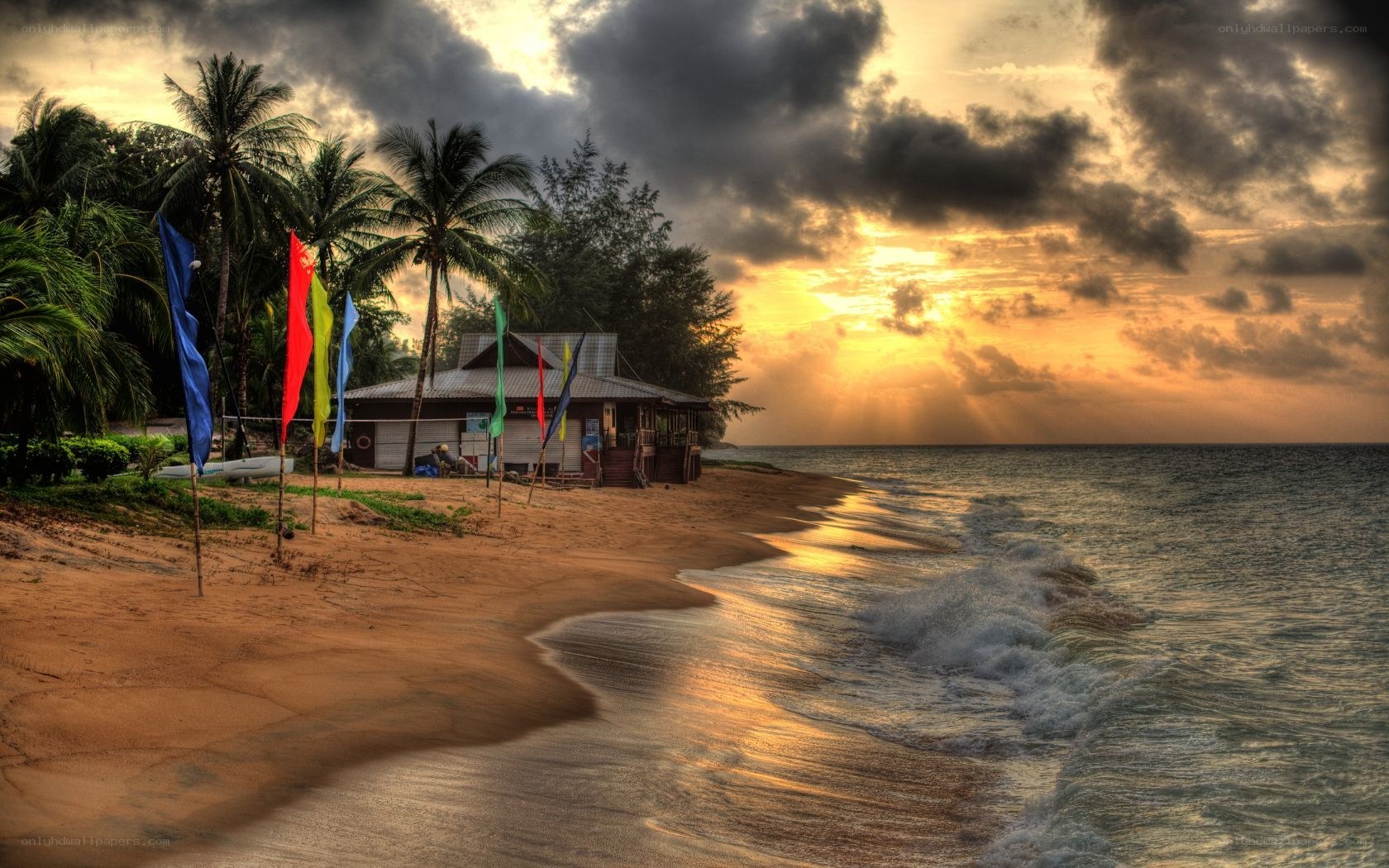 Beach hut at sunset with palm trees