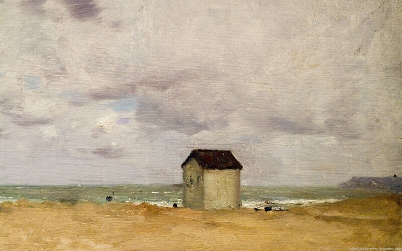 Beach hut under cloudy sky