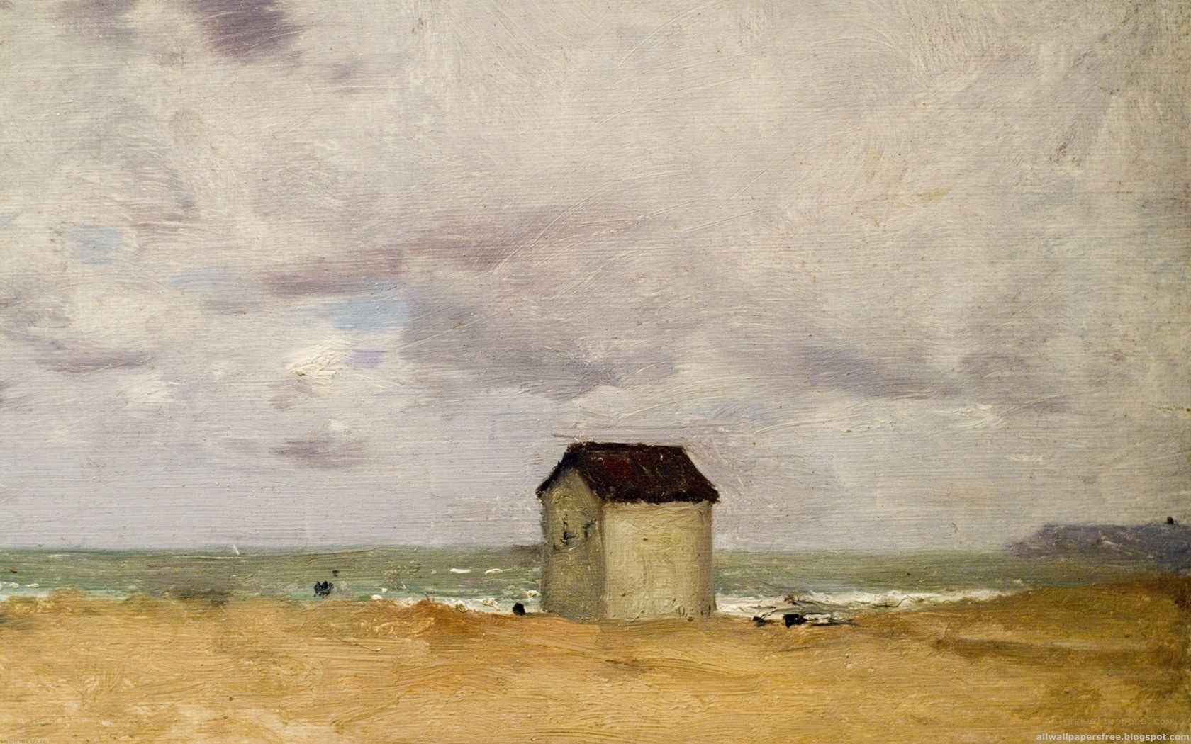 Beach hut under cloudy sky