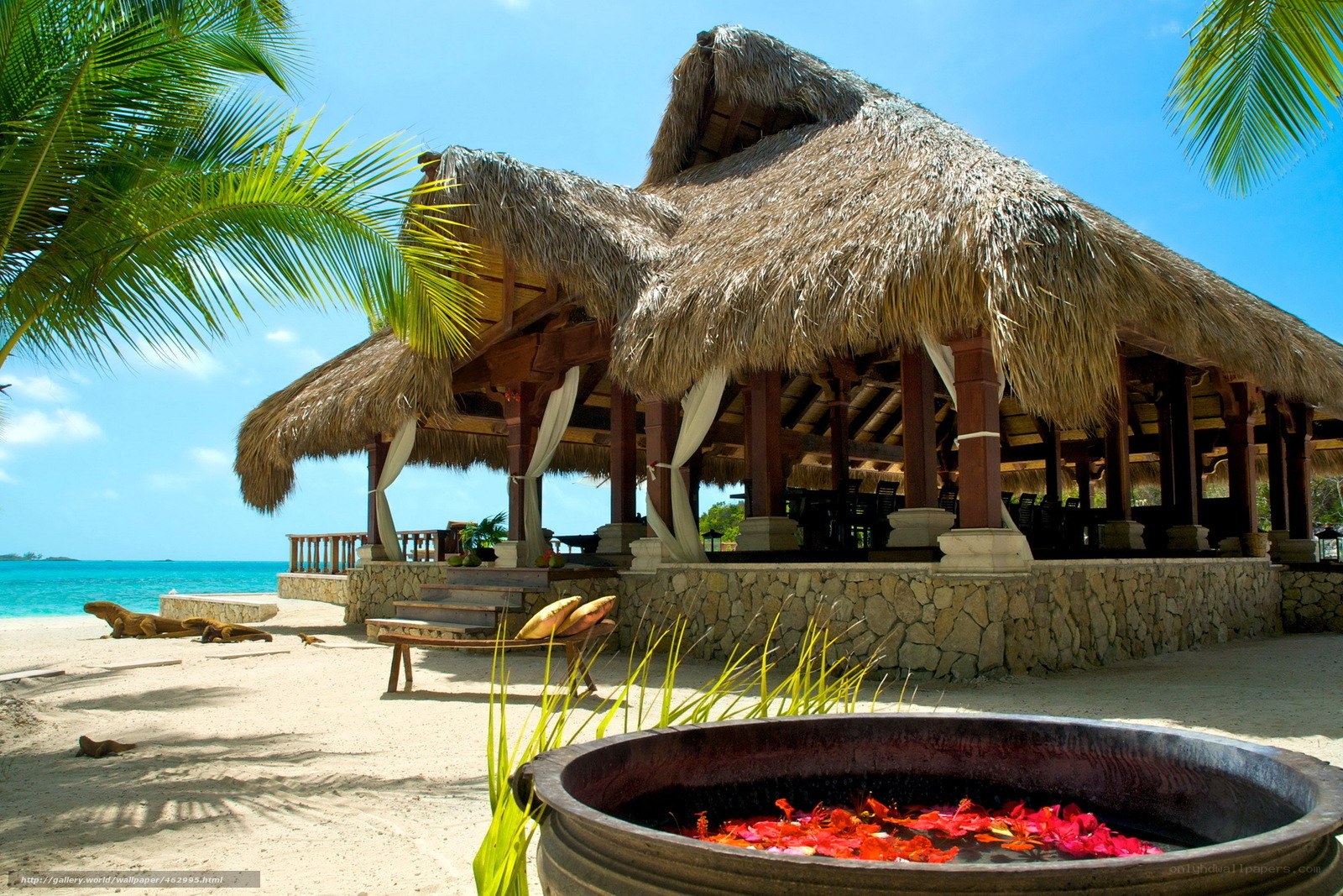 Beach hut with flower petals