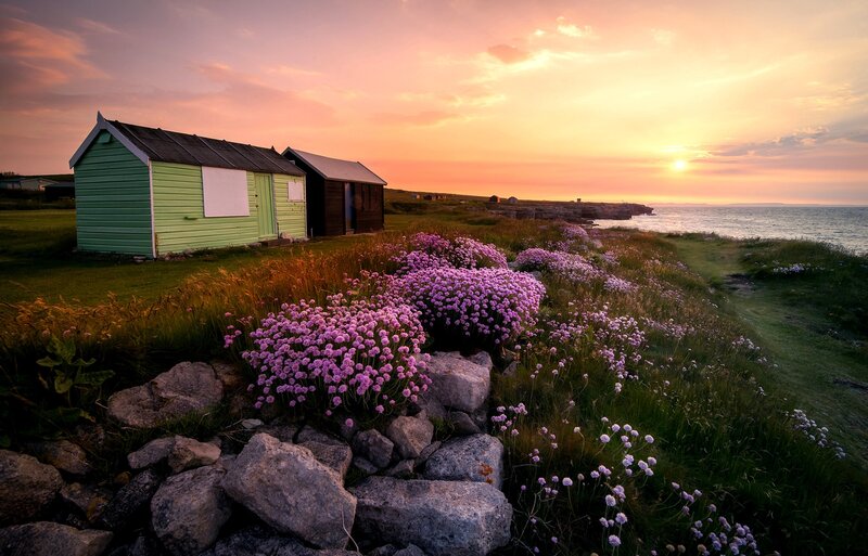 Beach Huts at Sunset — Pink, Serene