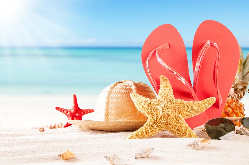Beach Items on Sand — Blue, Relaxed, Afternoon