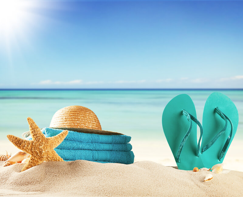Beach Items on Sand — Blue, Serene