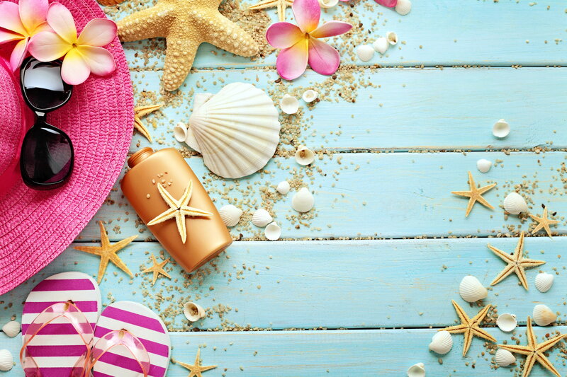 Beach Items on Wood — Blue, Relaxed, Summer