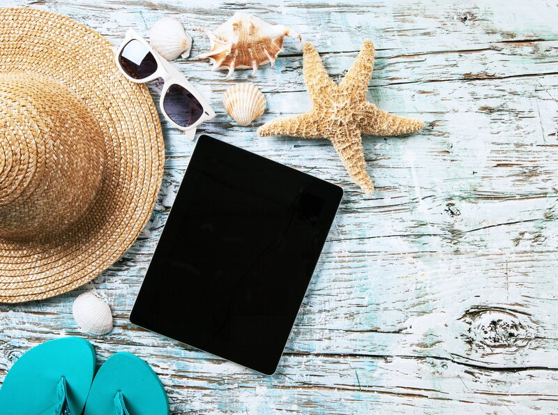 Beach Items on Wood — Blue, Relaxed