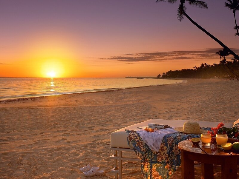 Beach Lounge at Sunset — Orange, Serene, Photograph, Palm Tree