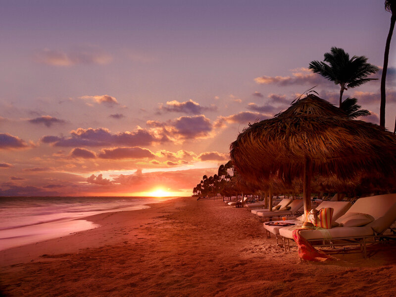 Beach Lounge at Sunset — Orange, Serene, Photograph, Palm Trees, Thatched Umbrellas