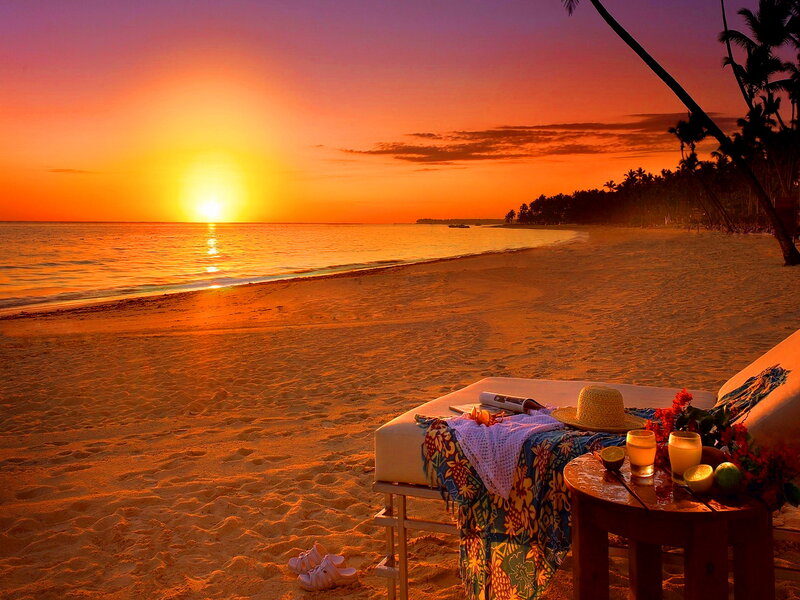 Beach Lounge at Sunset — Orange, Serene, Photograph, Palm Trees