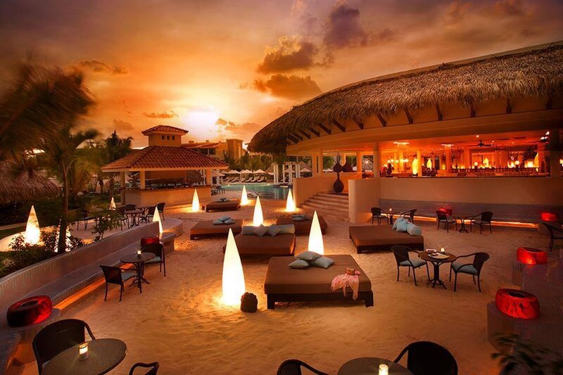 Beach Lounge at Sunset — Orange, Serene, Photograph, Thatched Roof
