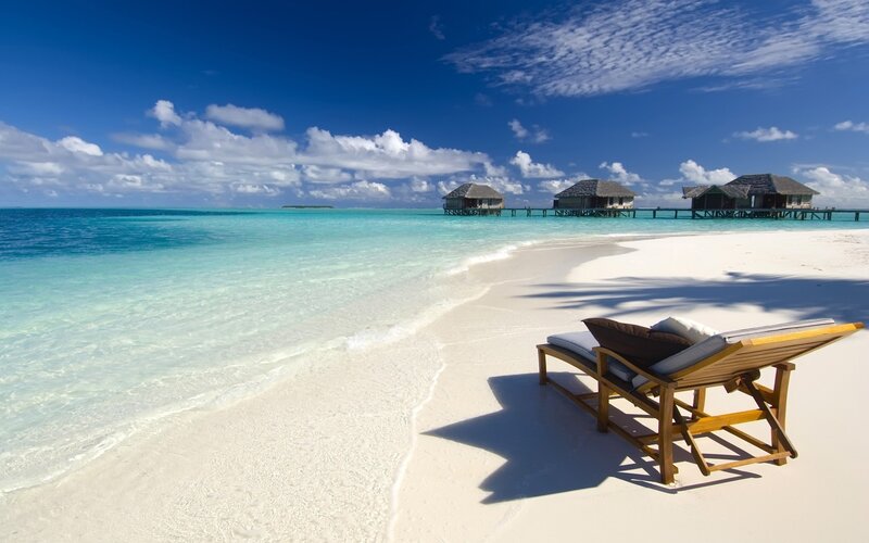 Beach Lounge Chair — Blue, Serene, Afternoon, Photograph, Overwater Bungalows