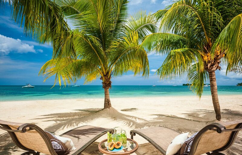 Beach Lounge Chairs — Blue, Serene, Afternoon, Photograph, Palm Trees, Ocean