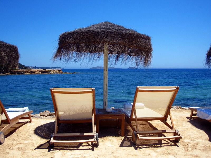 Beach Lounge Chairs — Blue, Serene, Afternoon, Photograph, Umbrella, Ocean