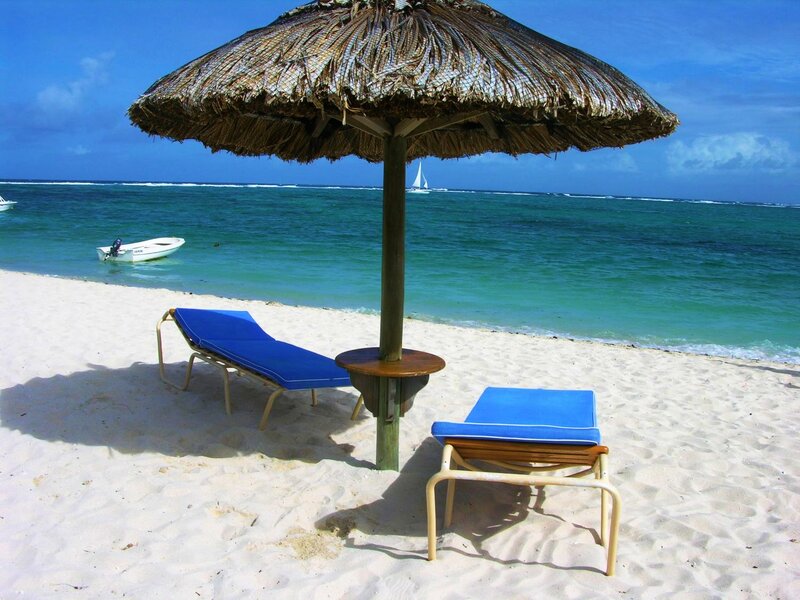 Beach Lounge Chairs — Blue, Serene, Afternoon, Photograph, Umbrella