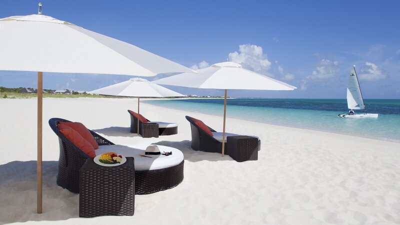 Beach Lounge Chairs — White, Serene, Afternoon, Photograph, Umbrellas, Sailboat