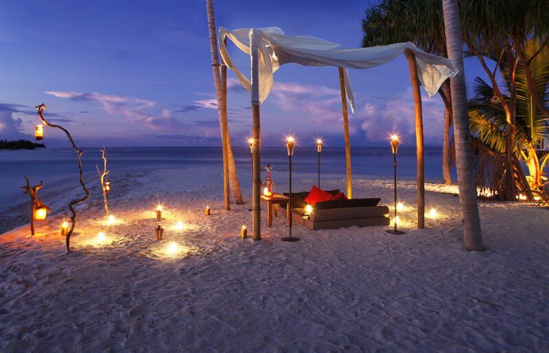 Beach Lounge Setup — Blue, Serene, Night, Photograph, Candles