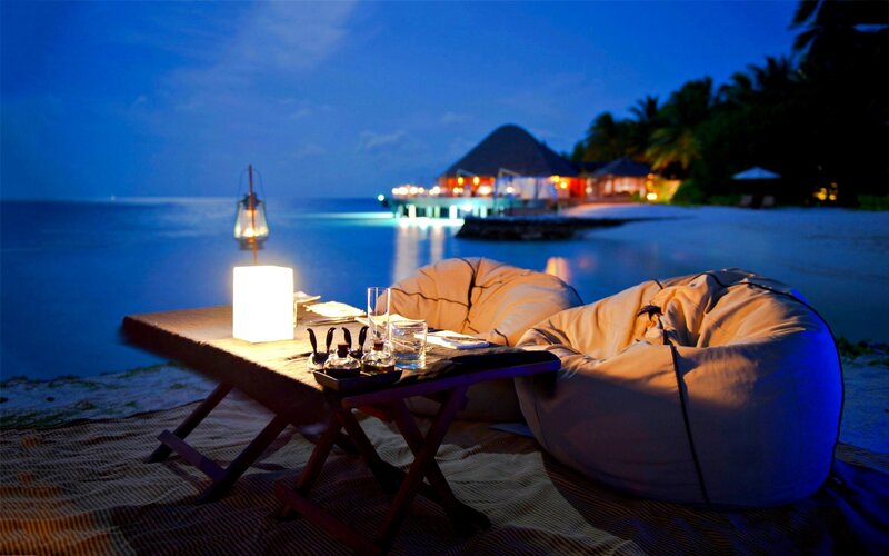 Beach Lounge Setup — Blue, Serene, Night, Photograph, Lounge Chairs