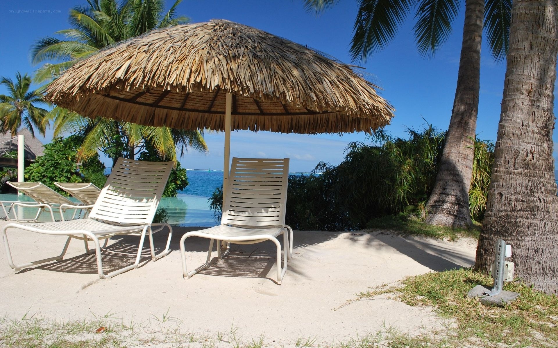 Beach lounge under thatched umbrella