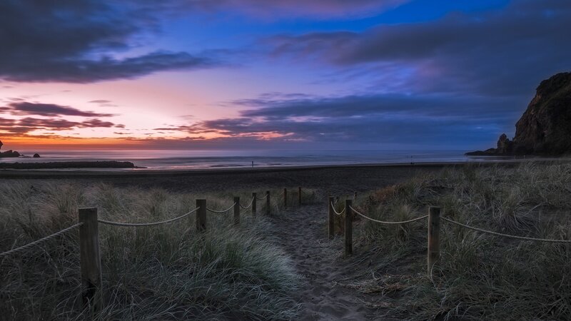 Beach Path at Dusk — Blue, Serene, Sunset, Photograph, Sand Dunes, Ocean