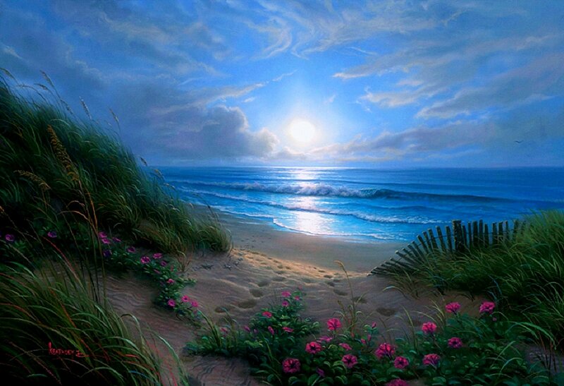 Beach Path at Dusk — Blue, Serene, Sunset