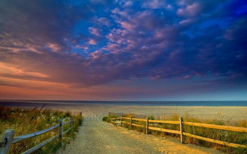 Beach Path at Sunset — Blue, Dramatic, Photograph