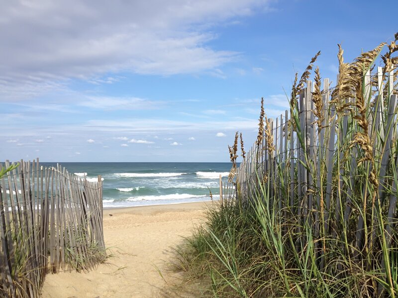 Beach Path to Ocean — Blue, Serene, Afternoon